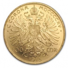 Золотая монета Австрии 100 Крон 1915 год Рестрайк
