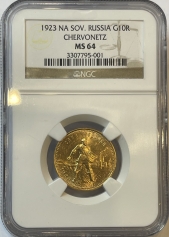 Золотая монета Червонец Сеятель 1923 г. в слабе NGC MS 64 